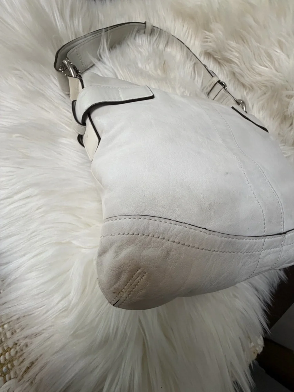 Vintage Coach White Leather Shoulder Bag with Silver Buckle Accents# 1452